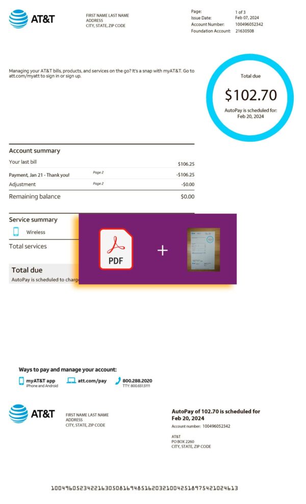 Downloadable mobile phone, Internet bill from At&t, US – banner included