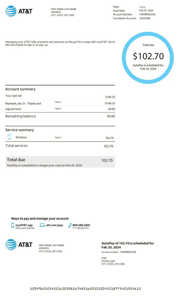 Editable phone bill template – US At&t sample in PDF