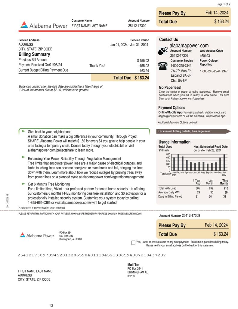 Alabama Fake utility bill template