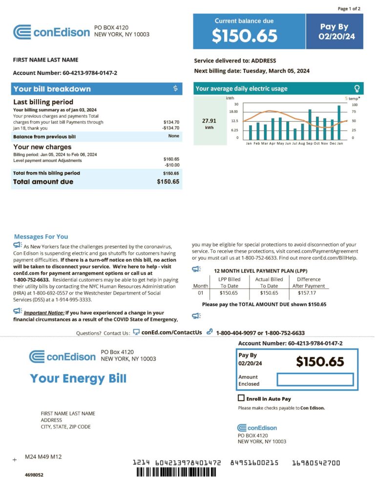 Con Edison bill template - Create a Fake Con Edison utility bill today PDF