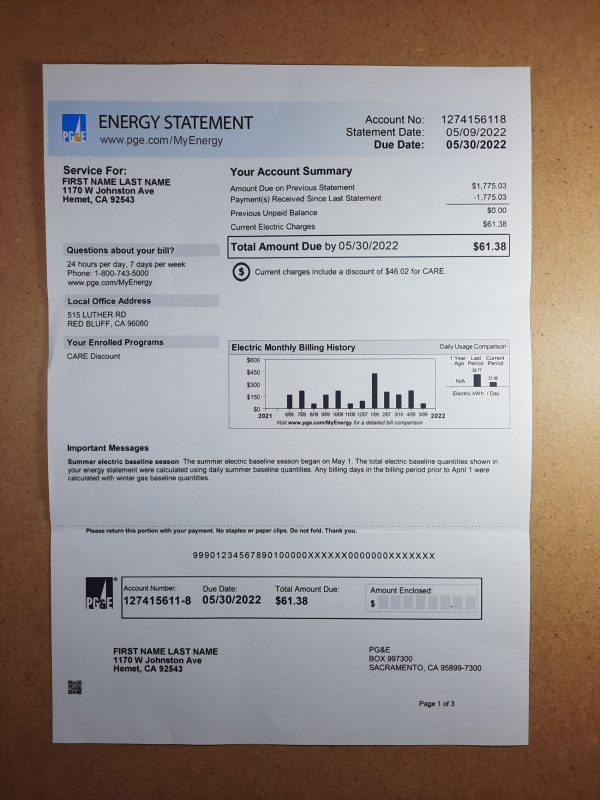 PGE Fake utility bill