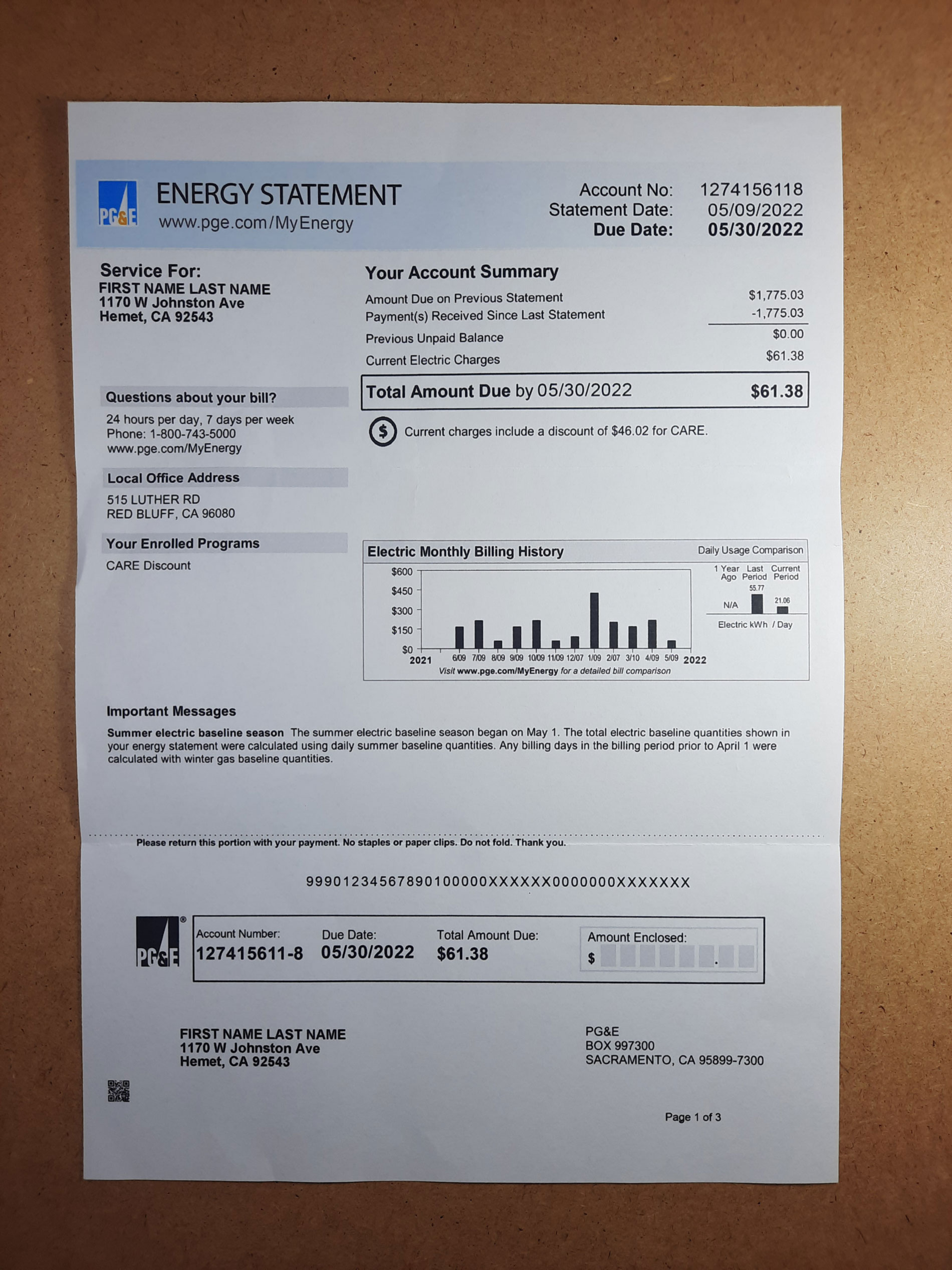 PGE bill template - Fake Utility Bills