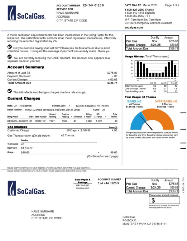 SoCalGas gas statement from California – modifiable PDF template