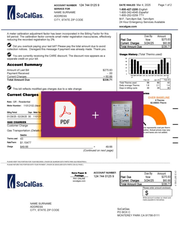 Downloadable gas bill from SoCalGas, California – banner included