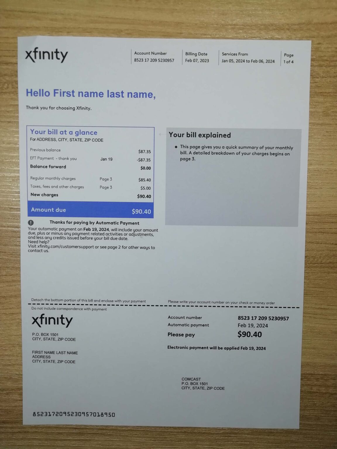 Xfinity bill template Fake Xfinity bill & Sample Comcast