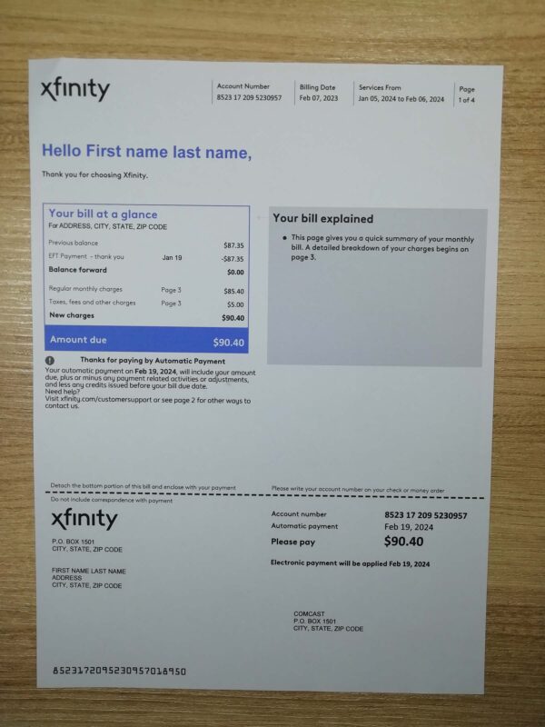 Xfinity Utility bill Fake utility bill