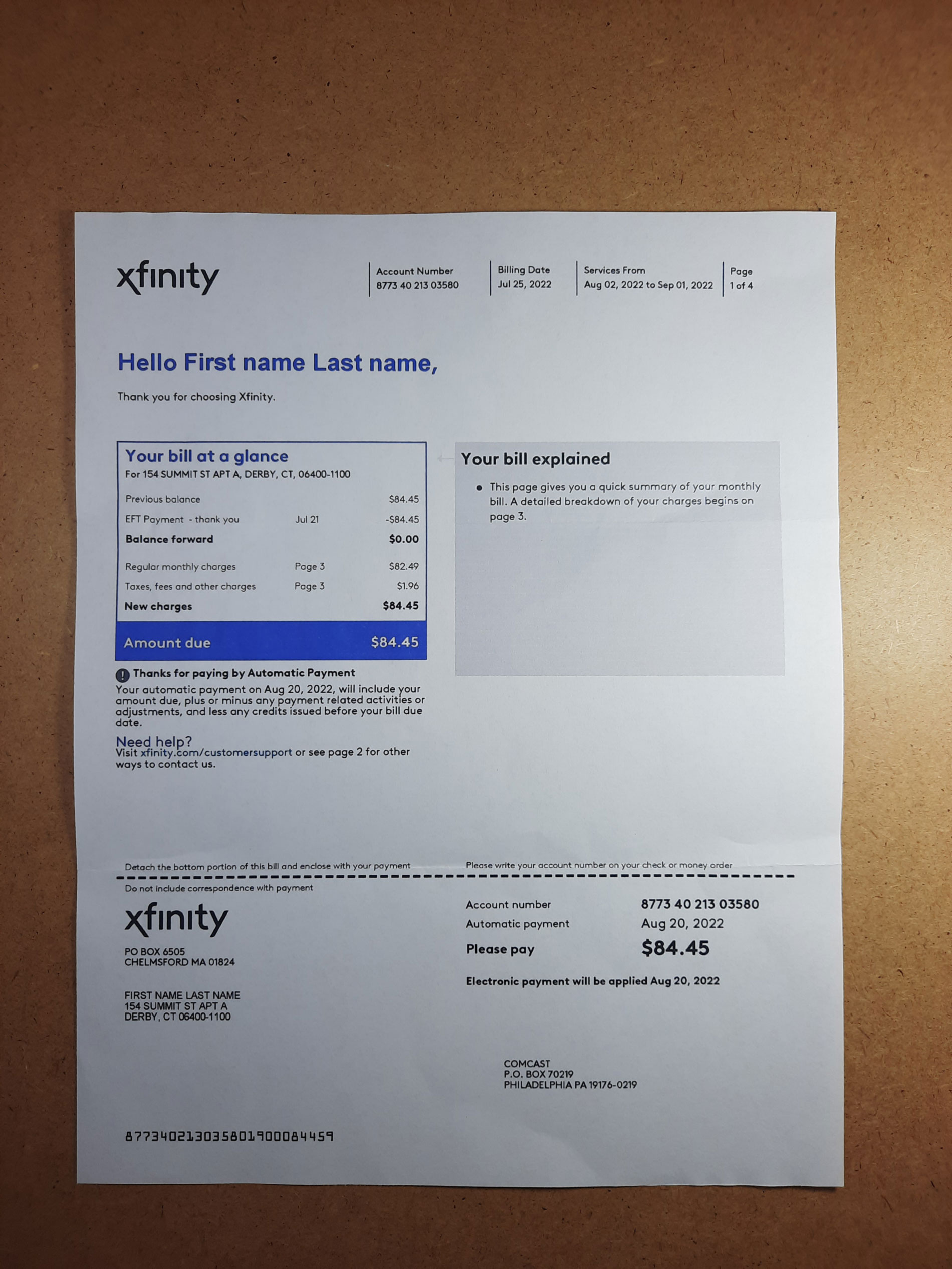 Sample Comcast Cable Bill