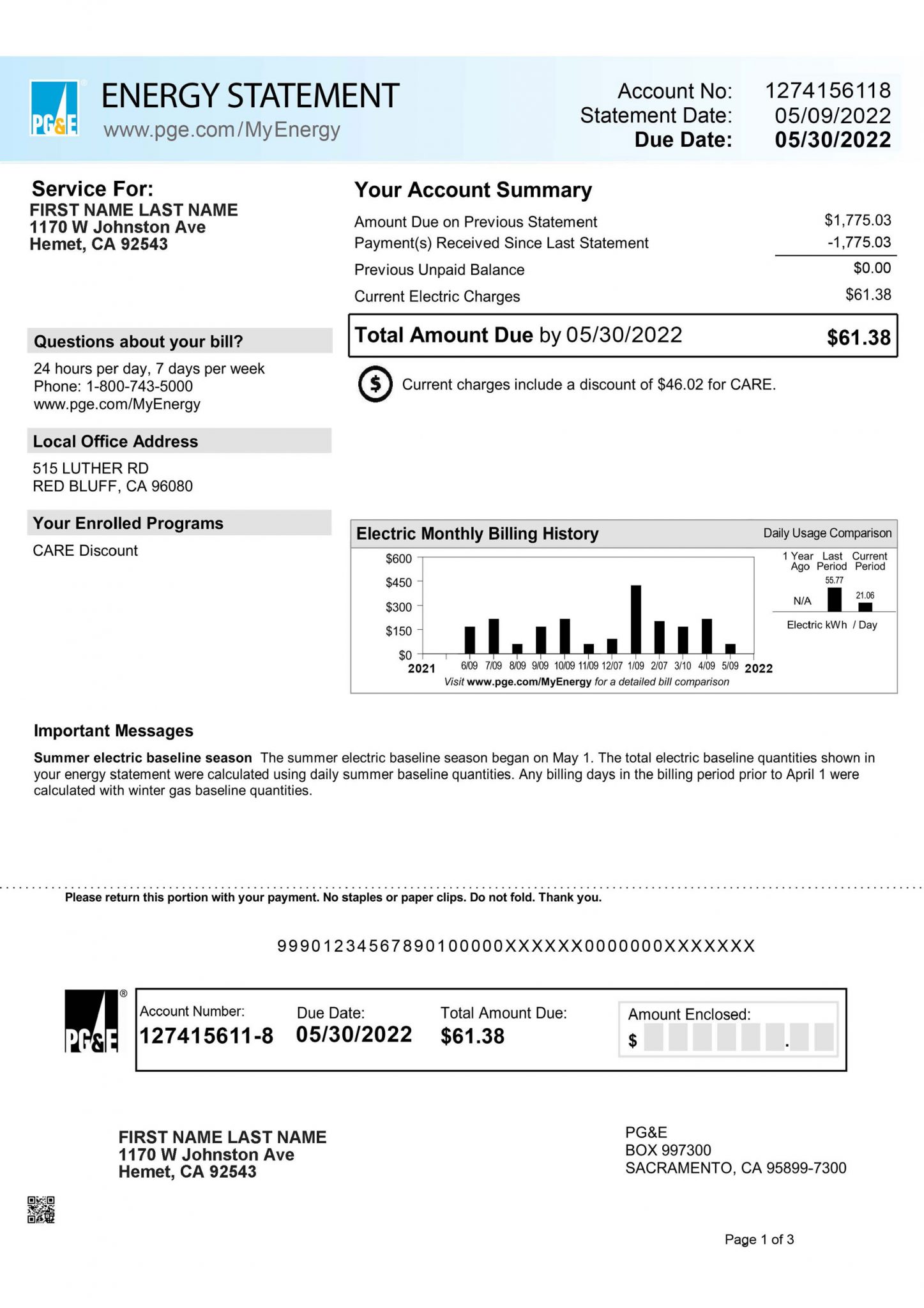 PGE bill template - Fake Utility Bills