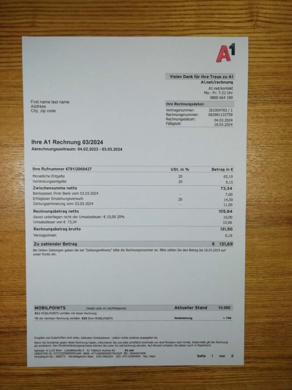 austria A1 fake utility bill template sample