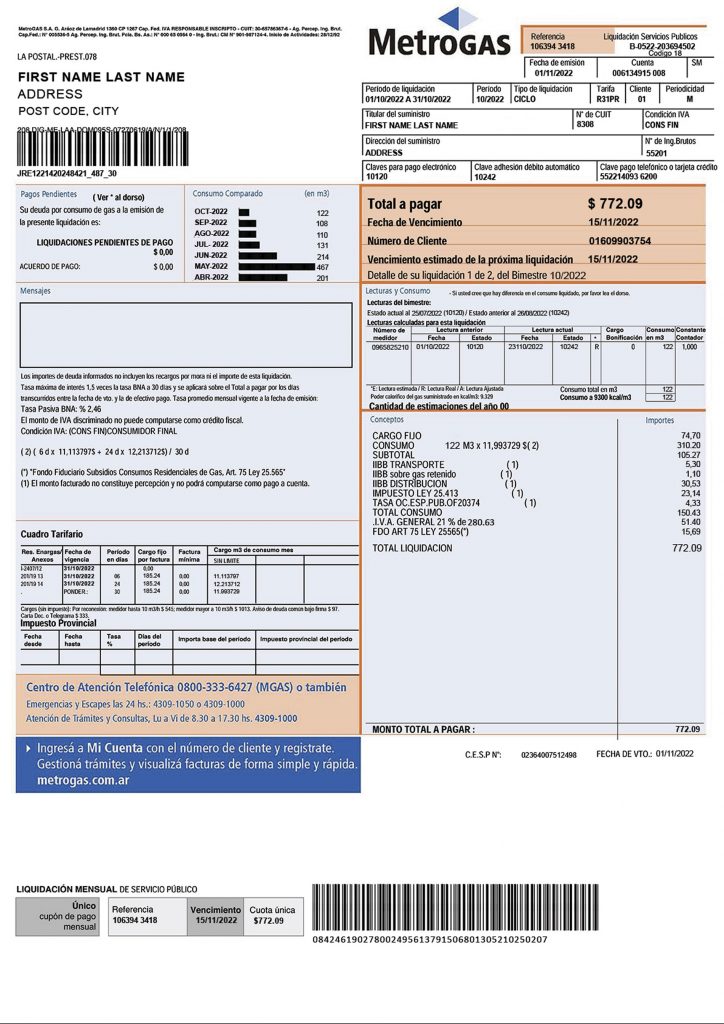 Argentina Metrogas fake utility bill template