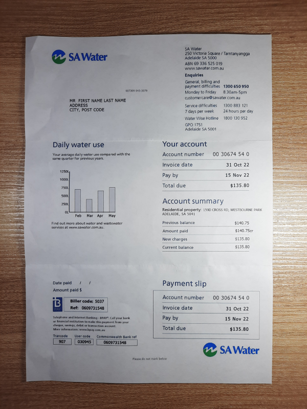 Australia SA Water fake utility bill template