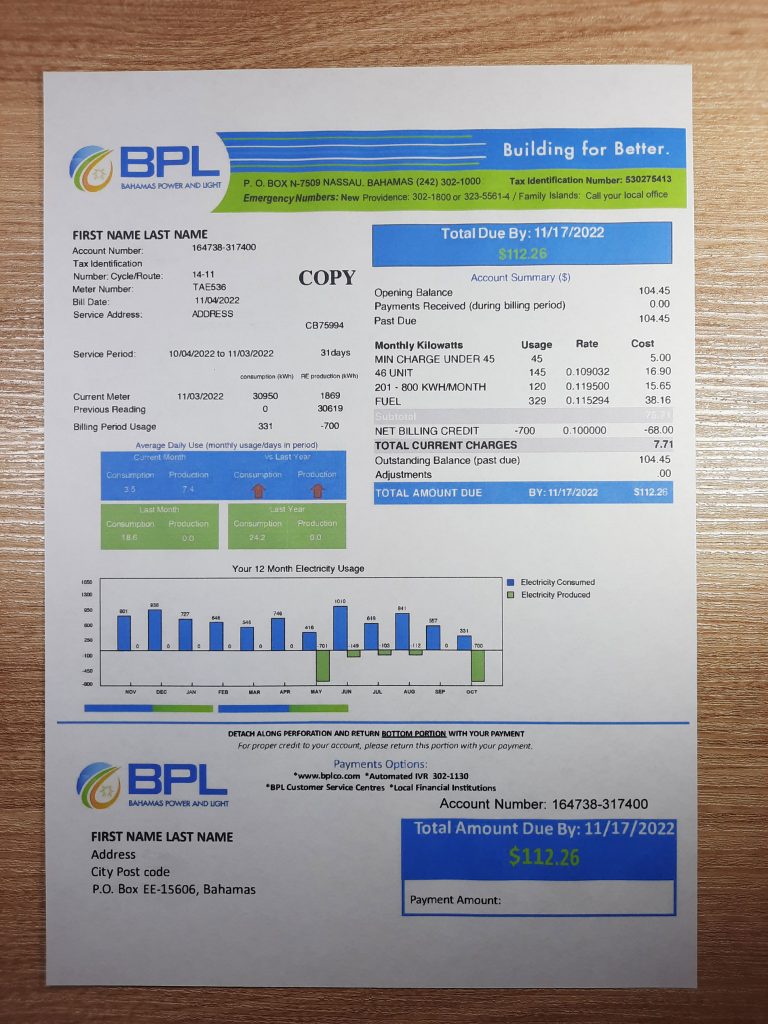 Bahamas BPL fake utility bill template