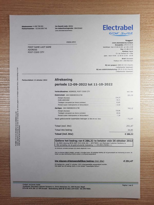 Belgium Electrabel fake utility bill template sample