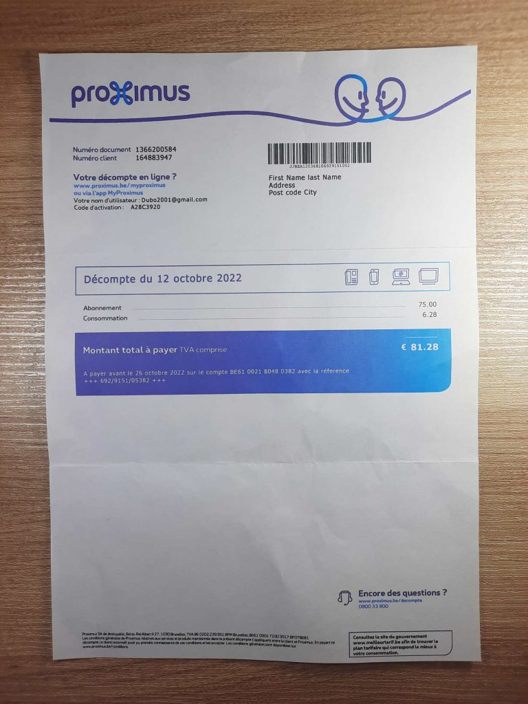 Belgium Proimus fake utility bill template sample