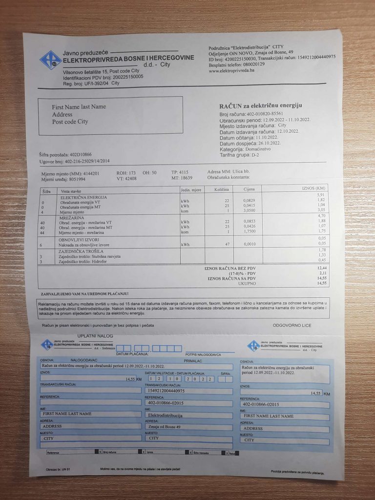 Bosnia and herzegovina electroprivreda fake utility bill template sample