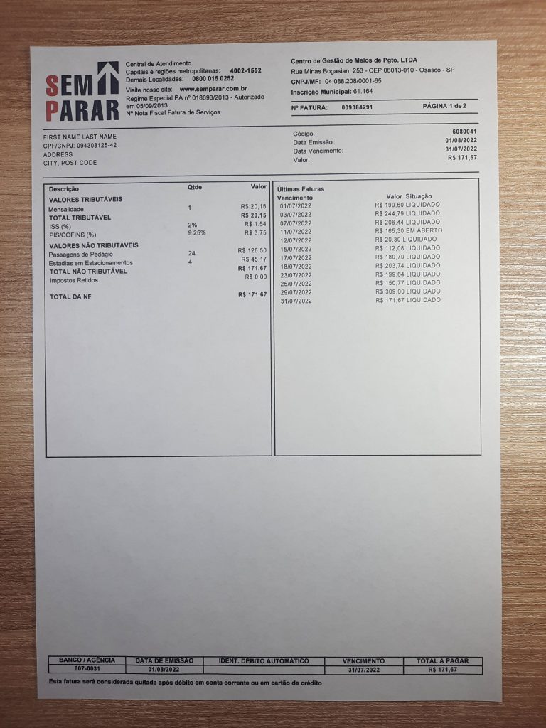 Brazil Semparar fake utility bill template