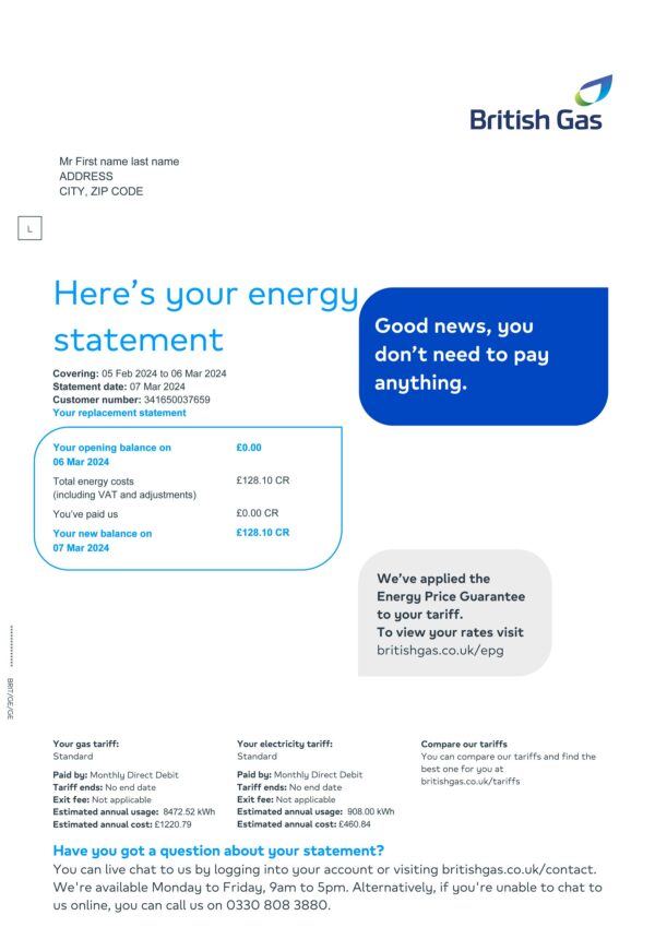 British Gas UK utility bill template