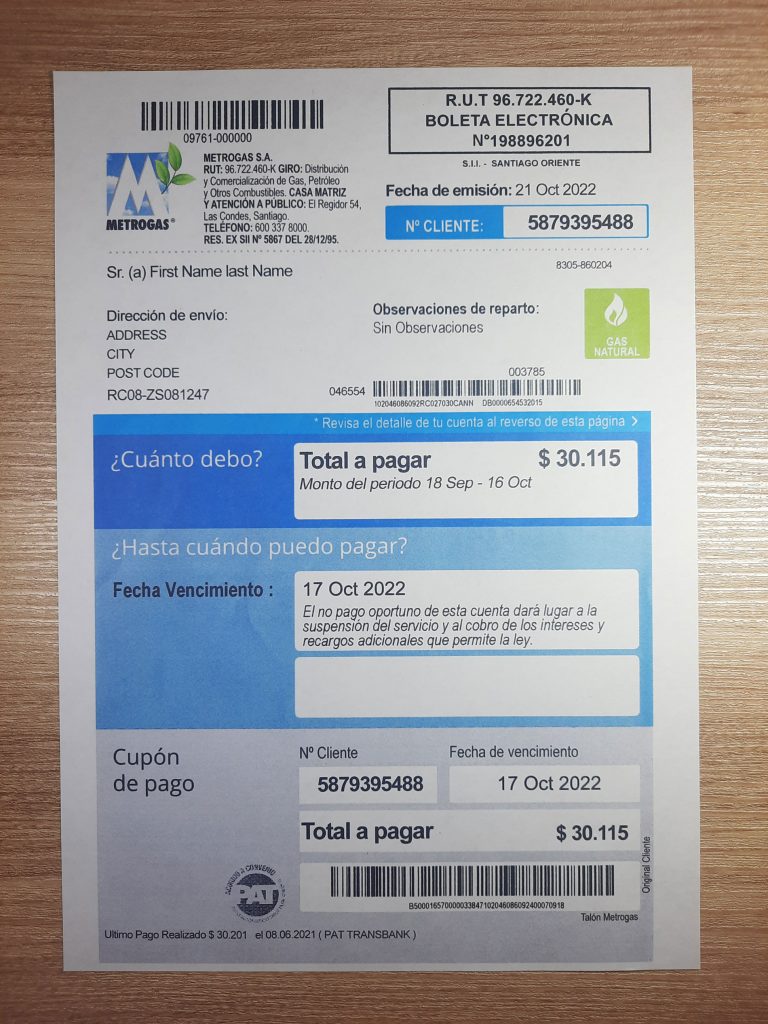 Chile Metrogas fake utility bill template