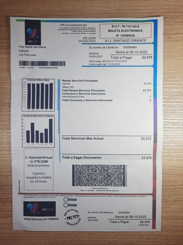 Chile VTR fake utility bill template
