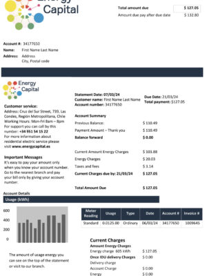 Editable {utility type} bill template – Chile Energy Capital sample in PDF
