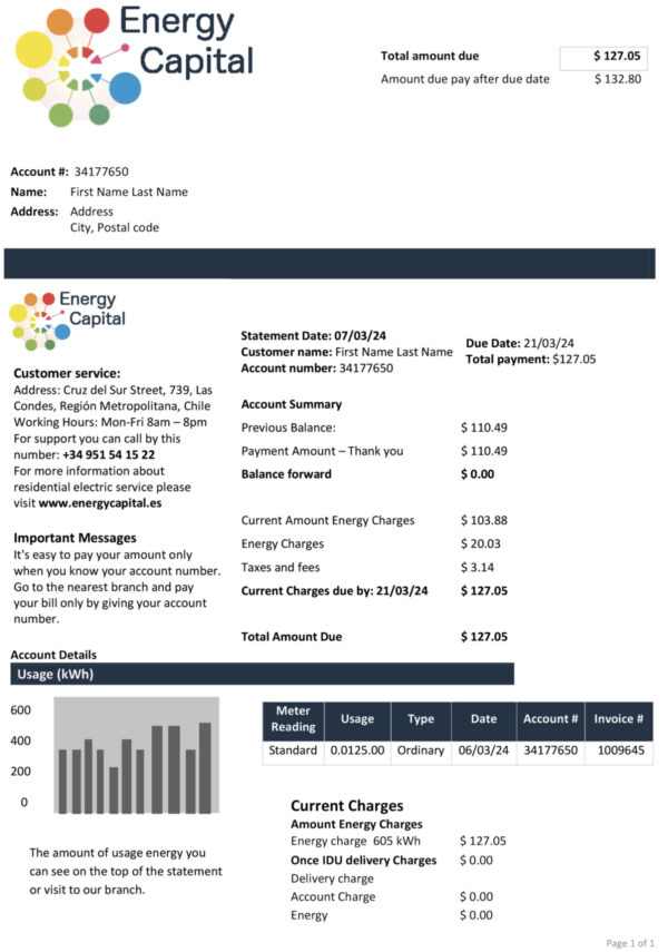 Editable {utility type} bill template – Chile Energy Capital sample in PDF