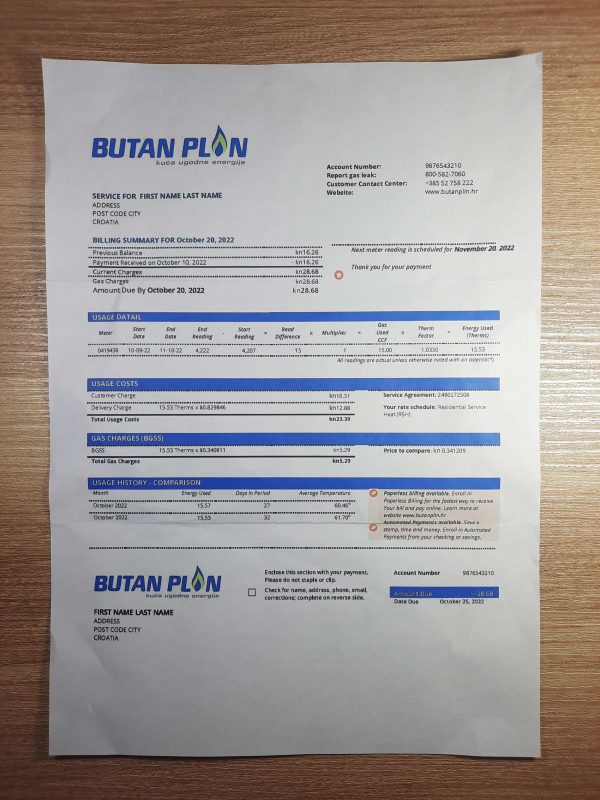 Croatia BUTAN PLIN gas utility bill fake utility bill template sample