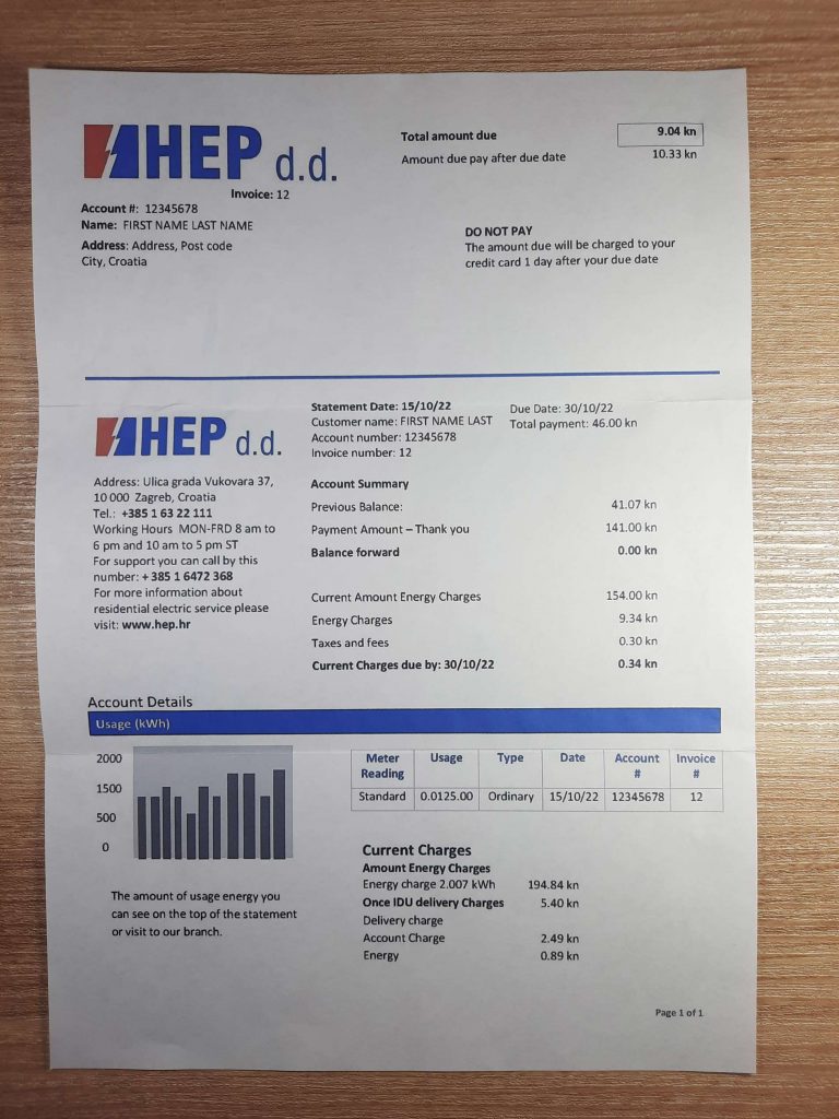 Croatia Hrvatska elektroprivreda electricity utility bill fake utility bill template sample