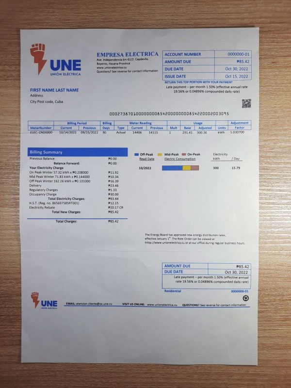Cuba Empresa Electrica fake utility bill template sample