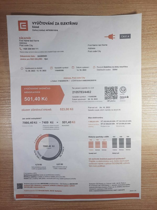 Czech Republic VYUCTOVANI ZA ELEKTRINU fake utility bill template Sample