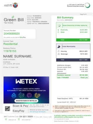 Green bill energy statement from UAE – modifiable PDF template