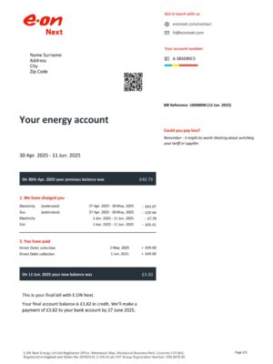 Clean layout of E-ON energy bill – editable UK version