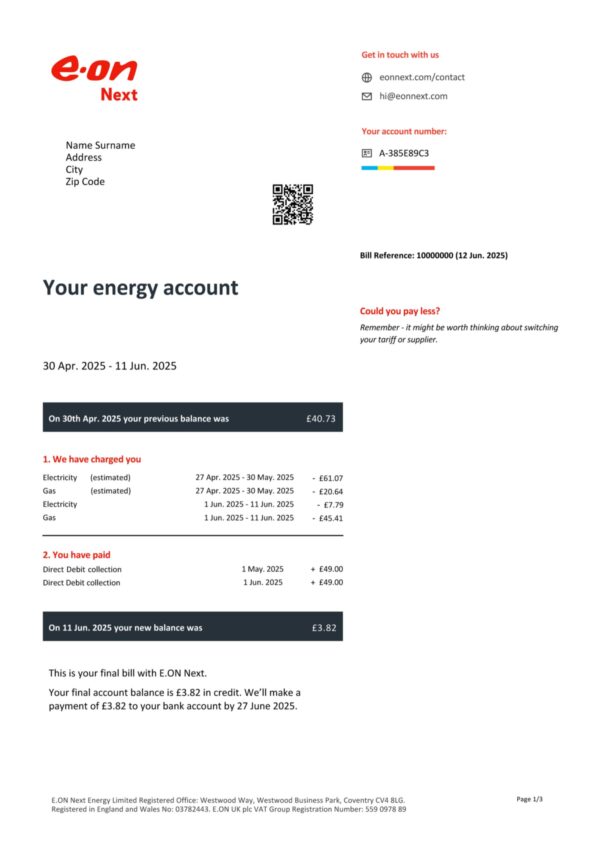 Clean layout of E-ON energy bill – editable UK version