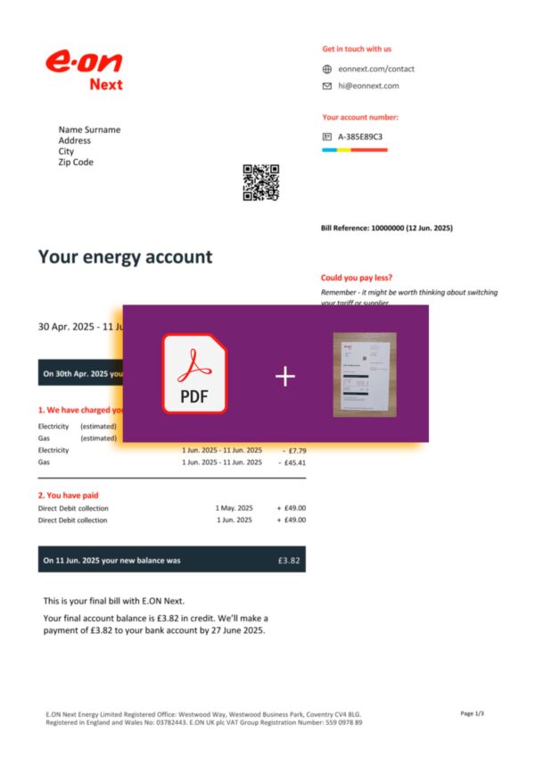 UK E-ON energy bill template – includes authenticity banner