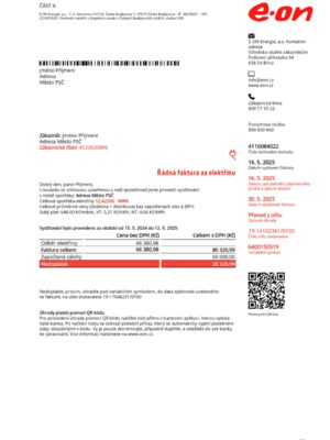 E-ON electricity statement from Czech Republic – modifiable PDF template