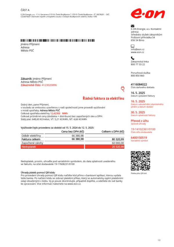 E-ON electricity statement from Czech Republic – modifiable PDF template