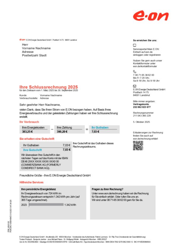 E-ON electricity statement from Germany – modifiable PDF template