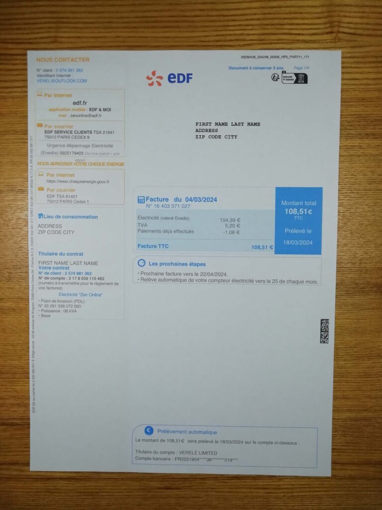 France EDF fake utility bill template sample