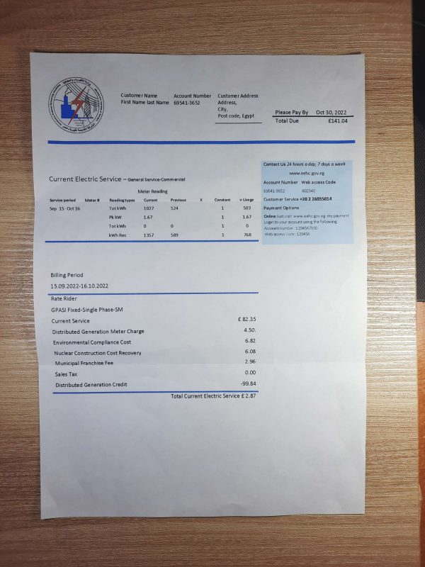 Egypt Egyptian Electricity utility bill fake utility bill template sample