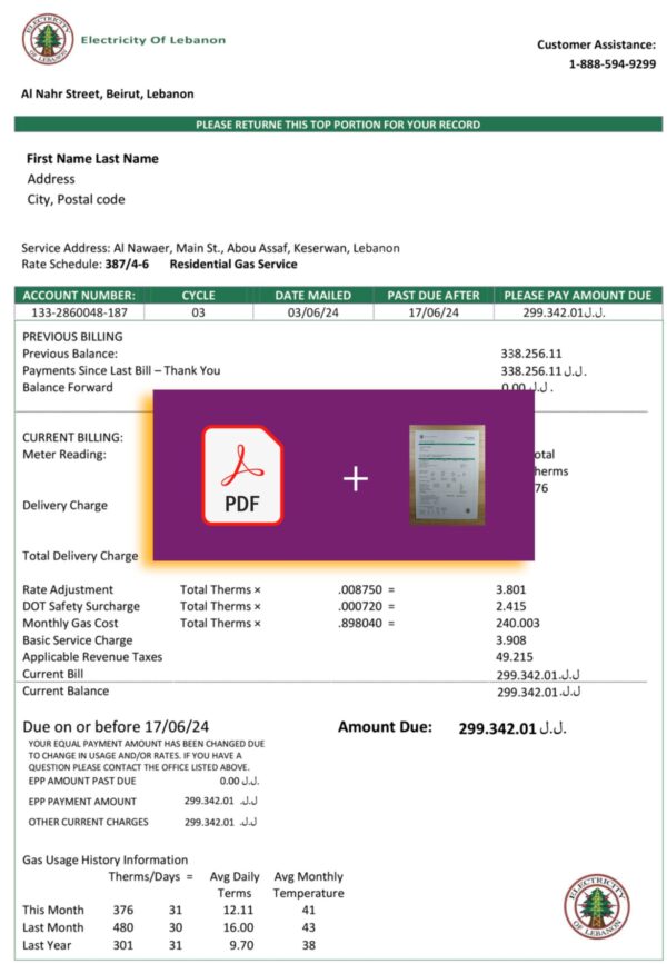 Electricity of Lebanon bill template – includes authenticity banner