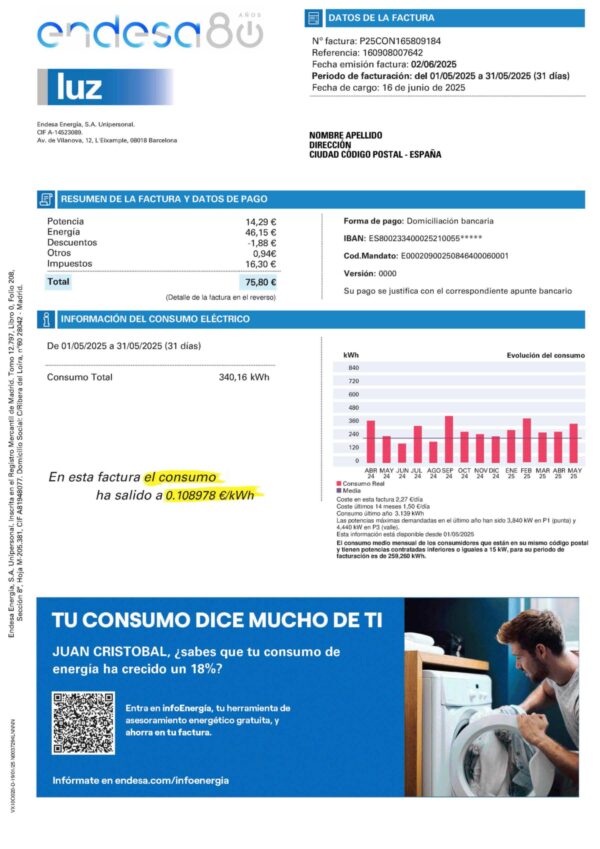 Endesa energy statement from Spain – modifiable PDF template