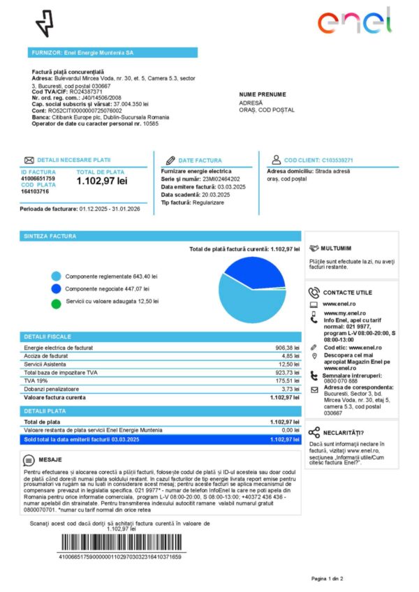 Enel Electricity statement from Romania – modifiable PDF template