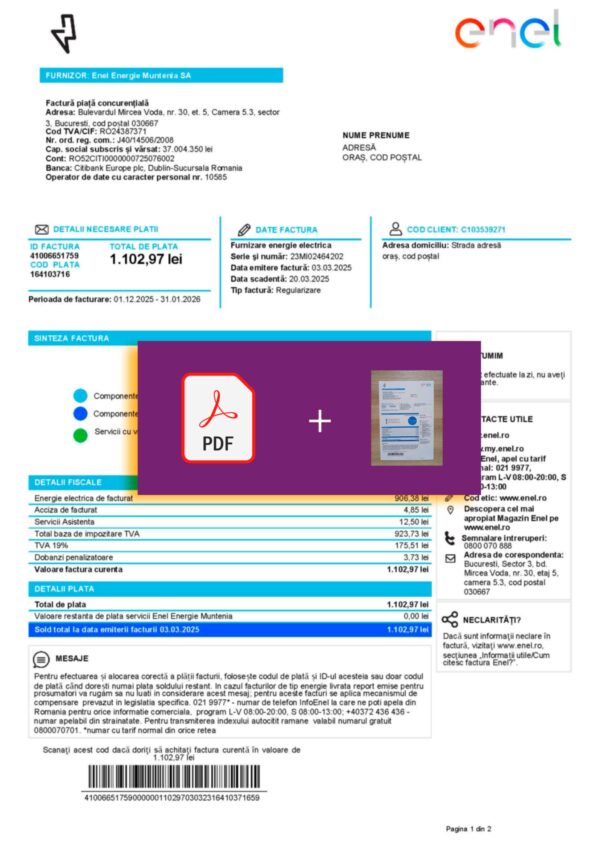 Downloadable Electricity bill from Enel, Romania – banner included