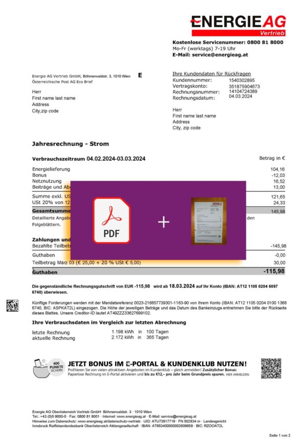 Austria EnergieAG bill template – includes authenticity banner