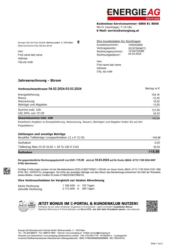 Austria EnergieAG utility bill from {State} – customizable PDF for address proof