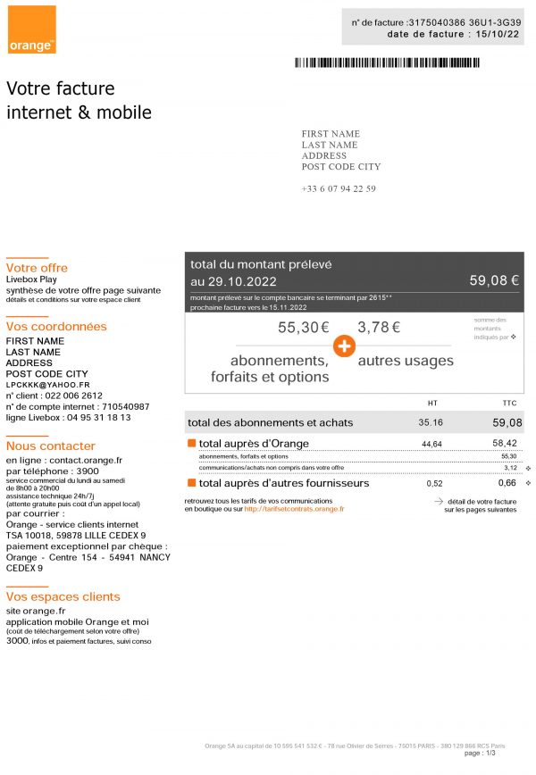France fake utility bill for proof of address