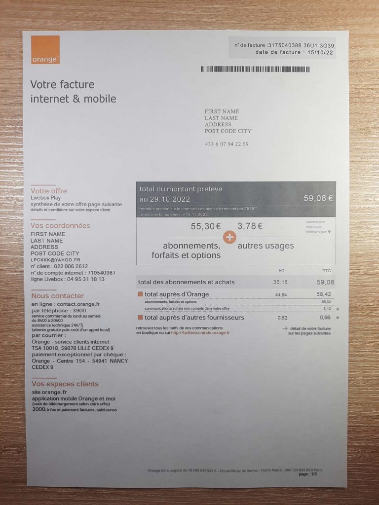 France Phone fake utility bill template sample