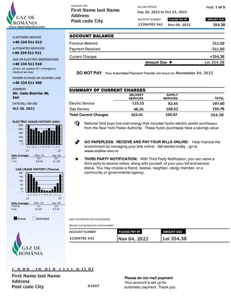 Romania Fake utility bill template