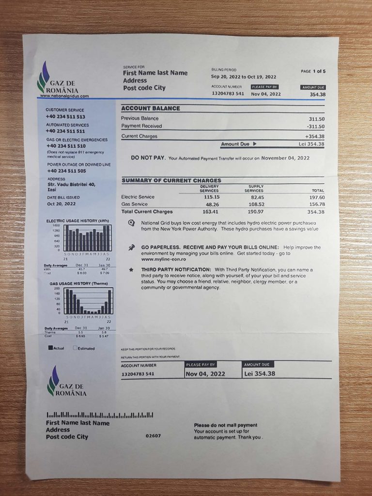 GAZ DE ROMANIA fake utility bill template sample