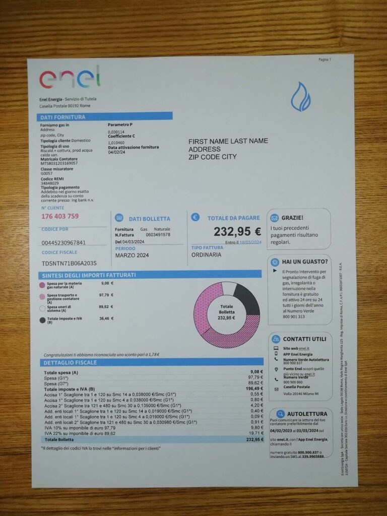 New GAS Enel Italy fake utility bill template Sample