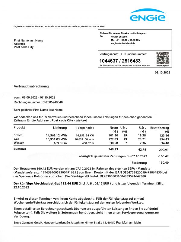Germany utility bill template